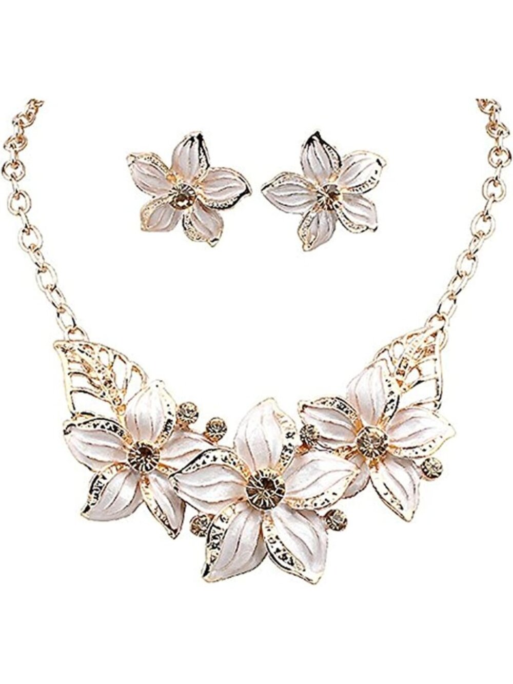 Elegant Crystal Flower Statement Jewelry Set - Gold Plated Necklace & Earrings